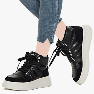 New! Womens DKQ High Top Fashion Black Leather Lace Up Sneakers